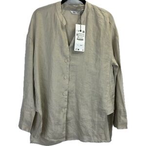 NWT ZARA 100% Linen Button-Down Asymmetrical Shirt in Taupe Gray